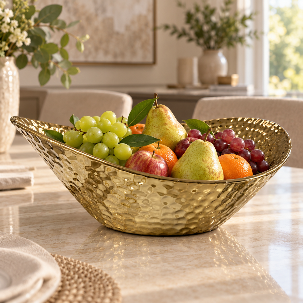 Hammered gold ceramic serving bowl filled with fresh fruit on a dining table