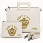 Ivory vinyl tallit and tefillin bag set with gold crown embroidery and detachable strap