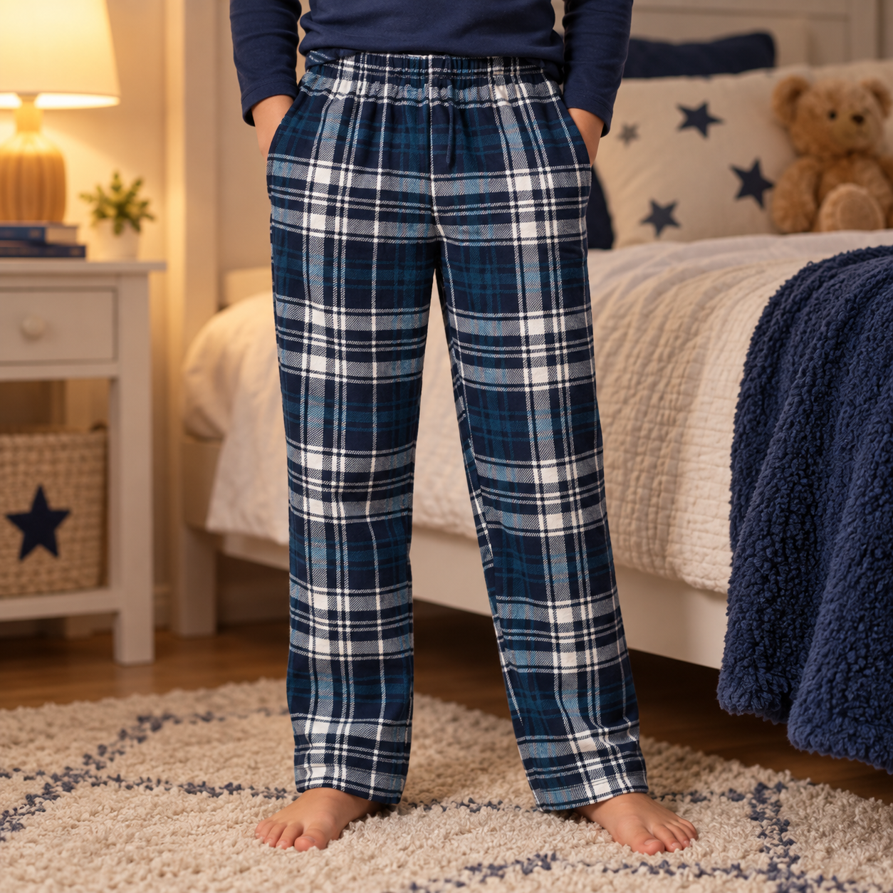 Child wearing navy plaid pajama pants in a cozy bedroom