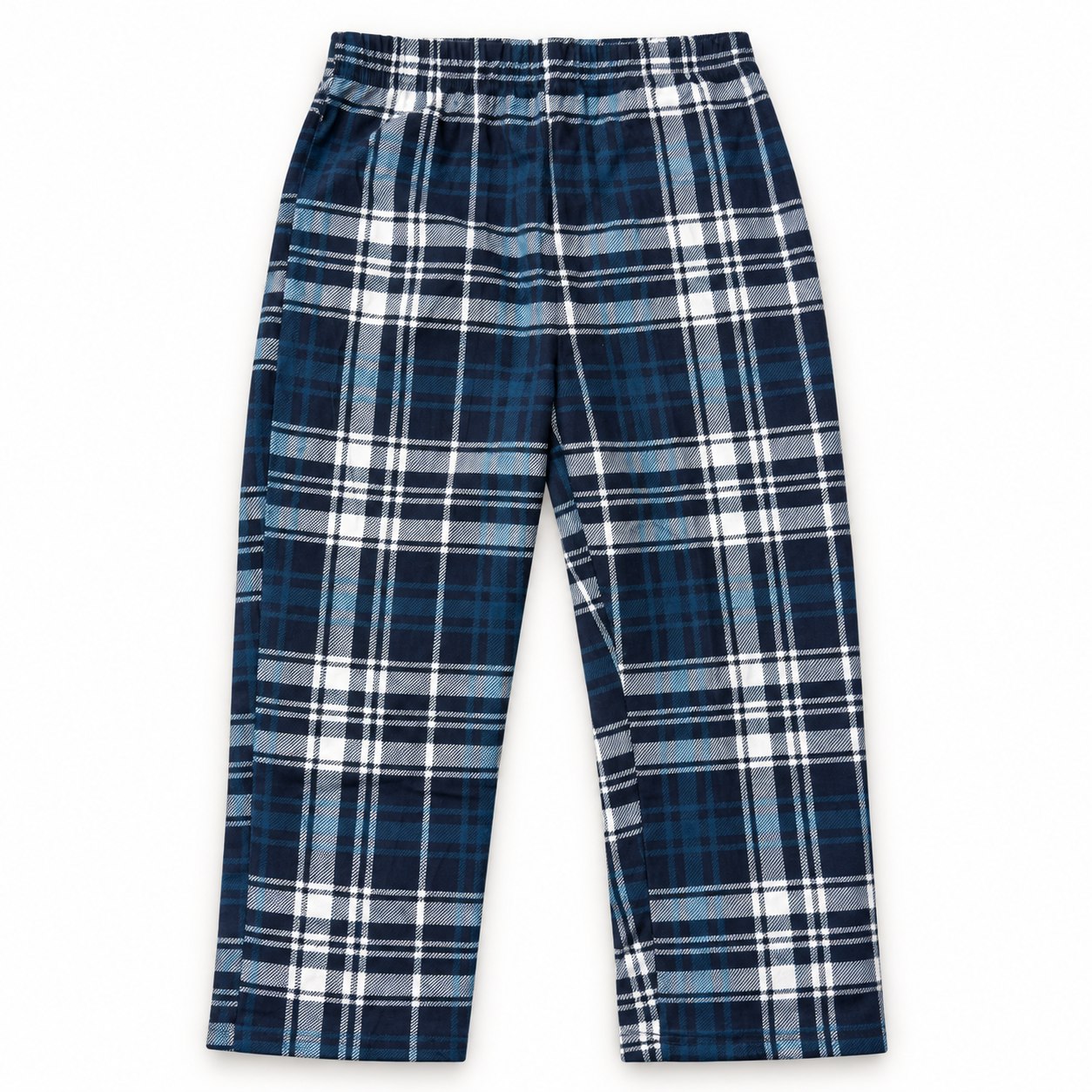 Kids navy blue plaid pajama pants on a white background