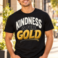 Model wearing black Kindness Is Pure Gold graphic T-shirt