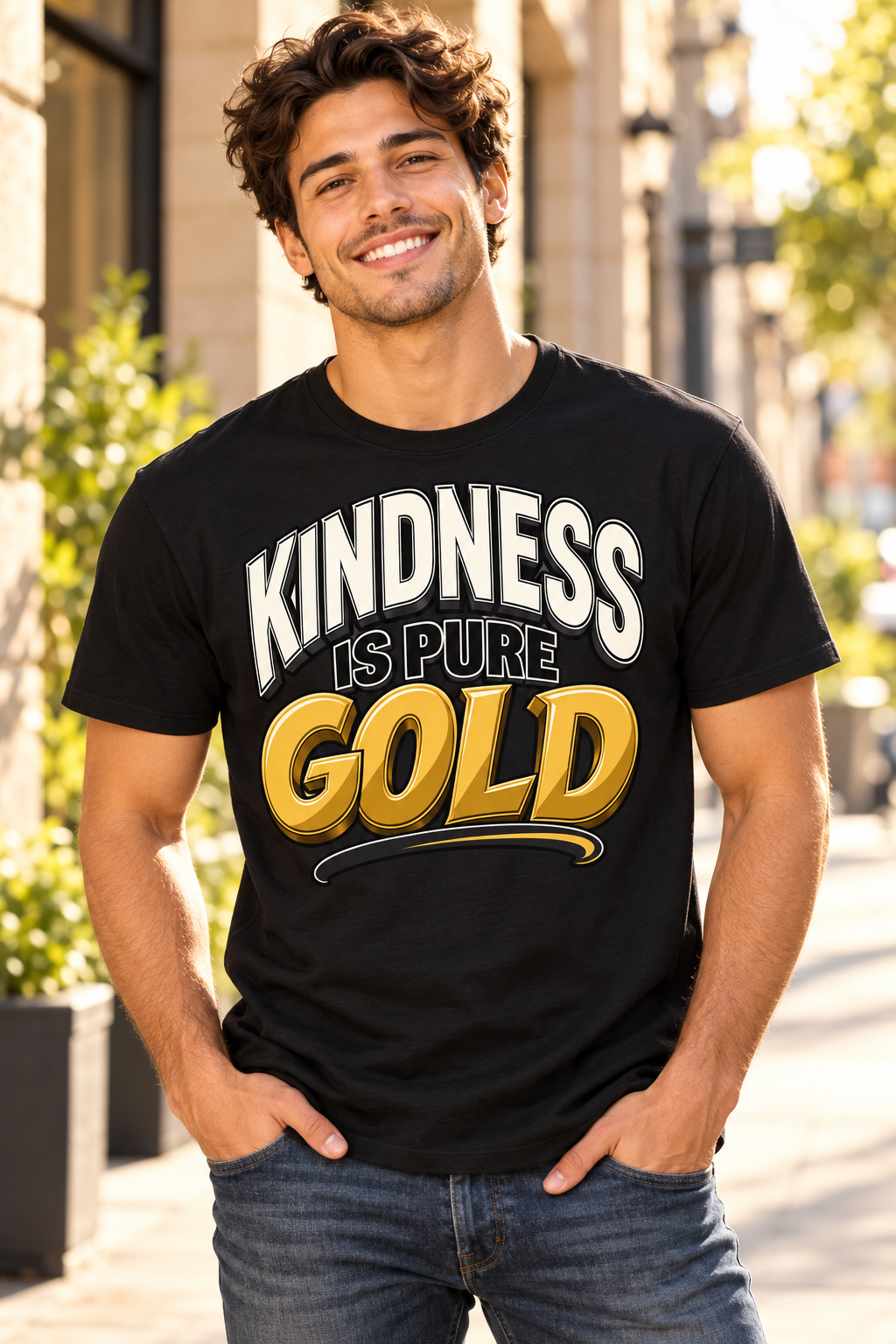 Model wearing black Kindness Is Pure Gold graphic T-shirt