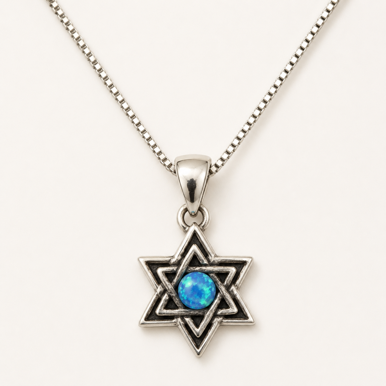 Women's layered Star of David sterling silver necklace with blue opal