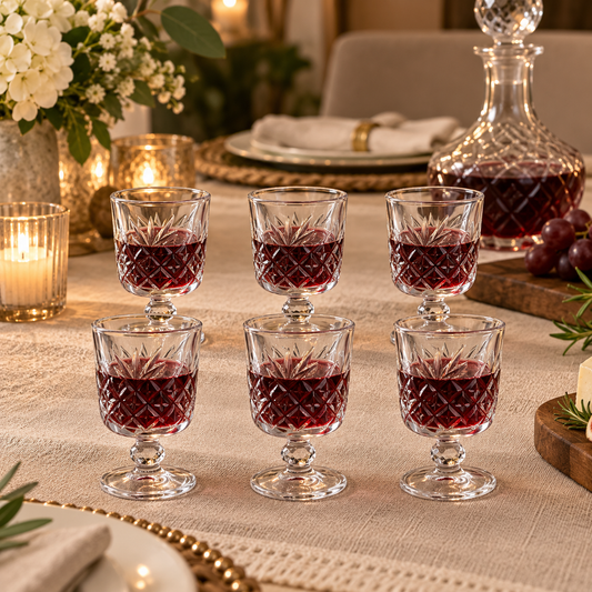 Six mini cut-glass wine goblets arranged on an elegant dining table