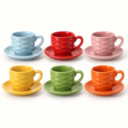 Multicolor textured 12-piece coffee set with six cups and six saucers