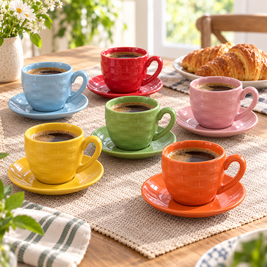 Colorful textured coffee cups and saucers on a breakfast table
