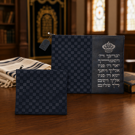 Navy checkerboard Talit and Tefillin bag set staged in an elegant synagogue setting