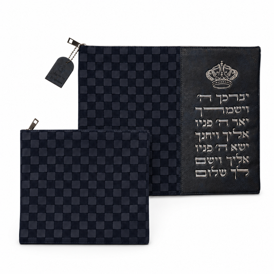 Navy Talit and Tefillin bag set isolated on white background