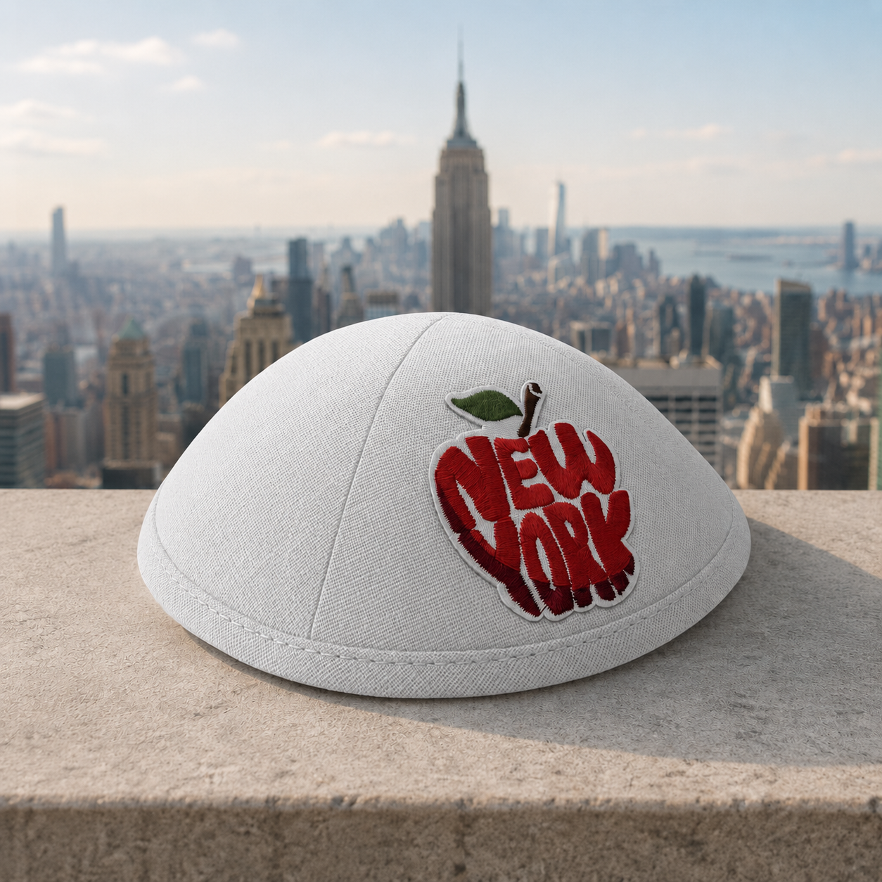 New York Big Apple embroidered white linen kippah