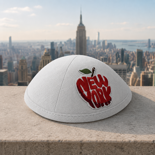New York Big Apple embroidered white linen kippah