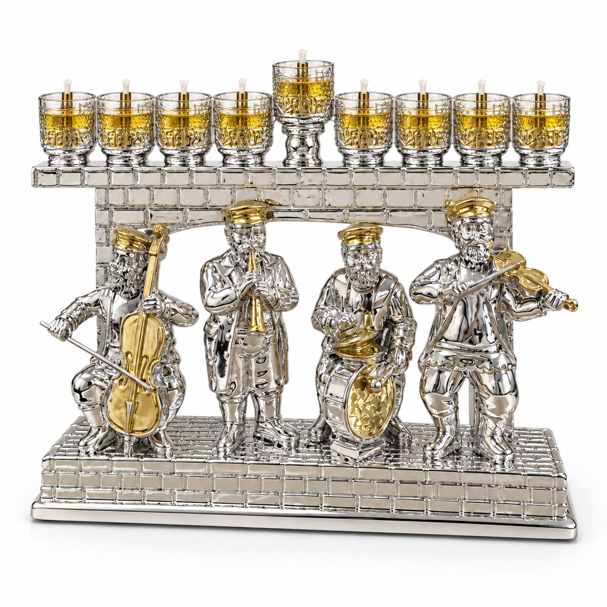 Nickel Klezmer musicians Hanukkah menorah fitted with nine clear oil cups