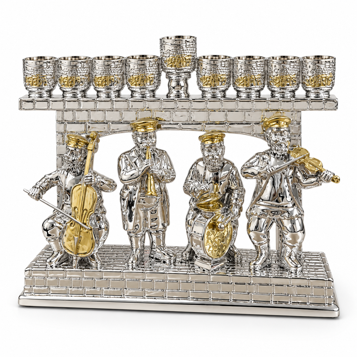 Nickel-finish Klezmer musicians Hanukkah menorah with gold accents