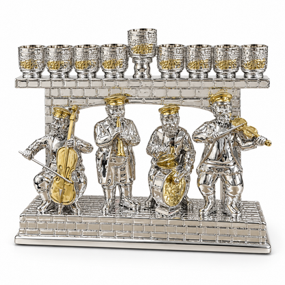 Nickel-finish Klezmer musicians Hanukkah menorah with gold accents