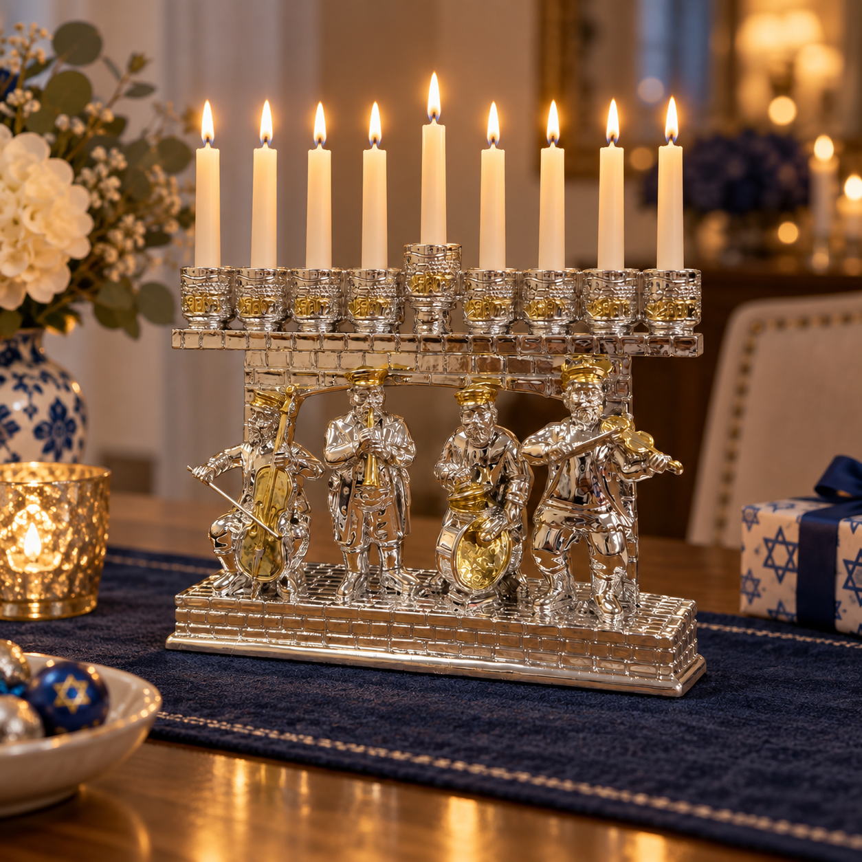 Nickel-finish Klezmer musicians menorah lit in an elegant Hanukkah setting