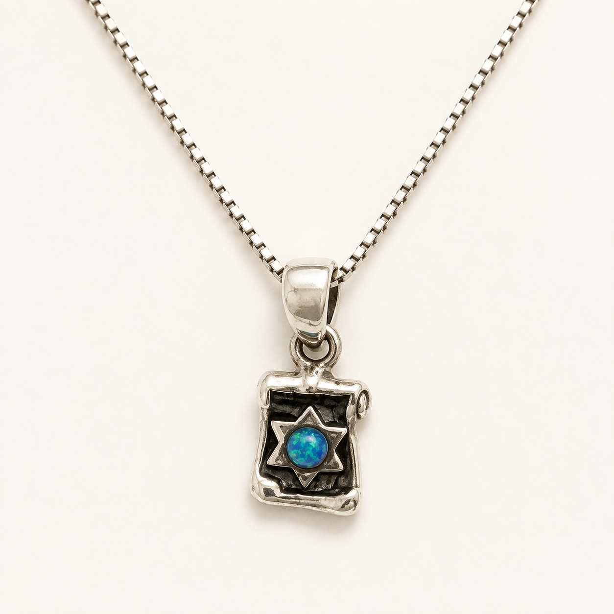 Women's petite Torah scroll sterling silver necklace with blue opal