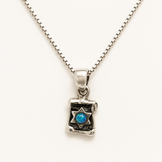 Women's petite Torah scroll sterling silver necklace with blue opal