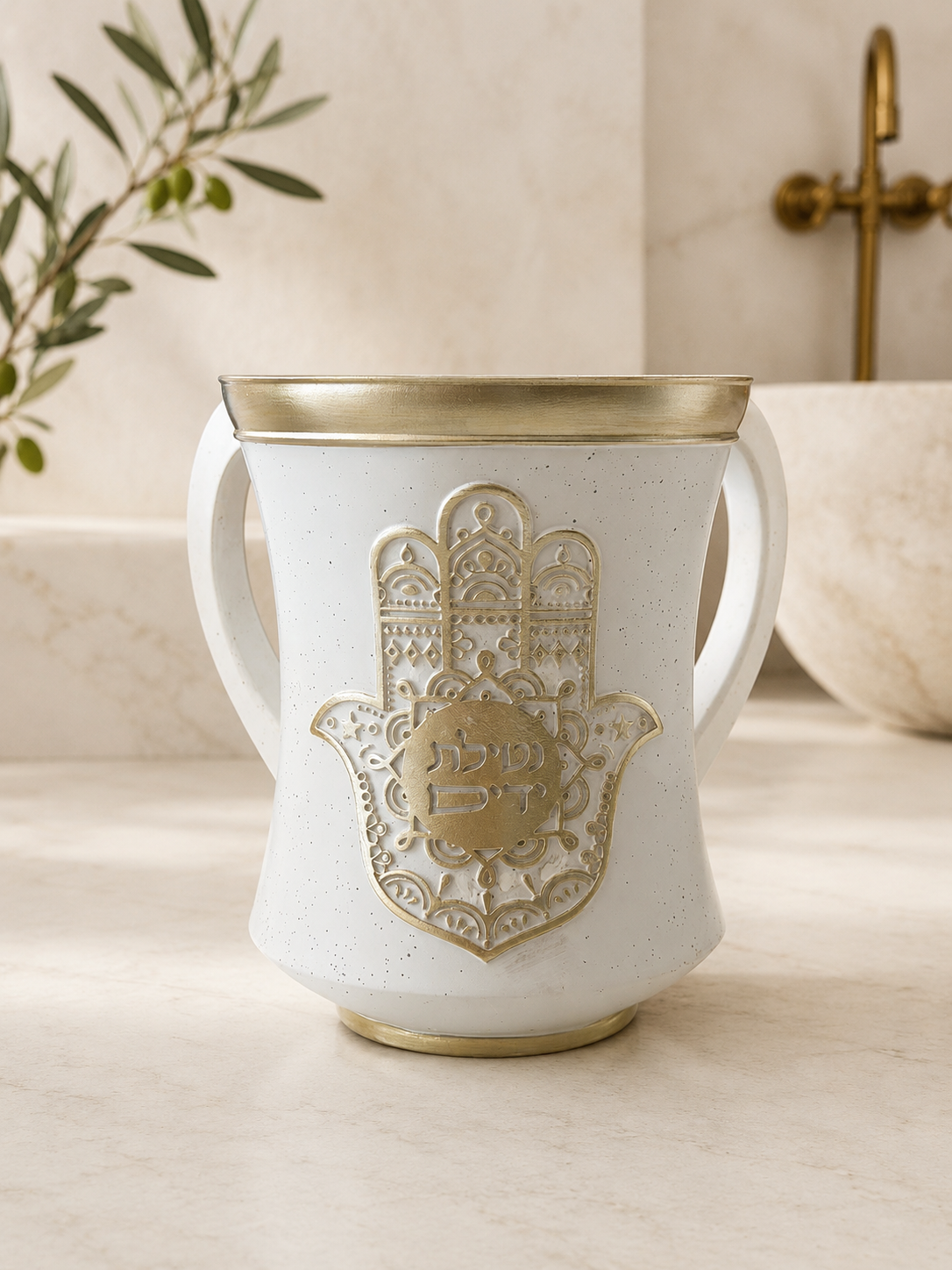 White and gold polyresin Netilat Yadayim wash cup with Hamsa design
