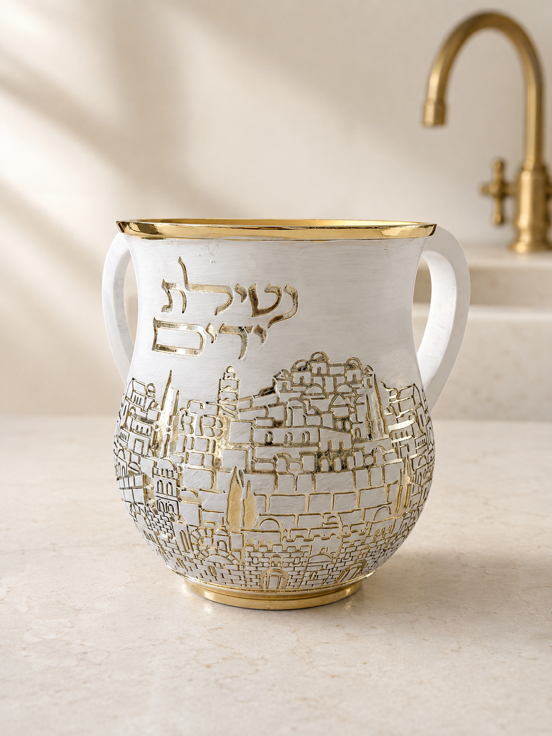White and gold polyresin Netilat Yadayim wash cup with Jerusalem Western Wall relief design