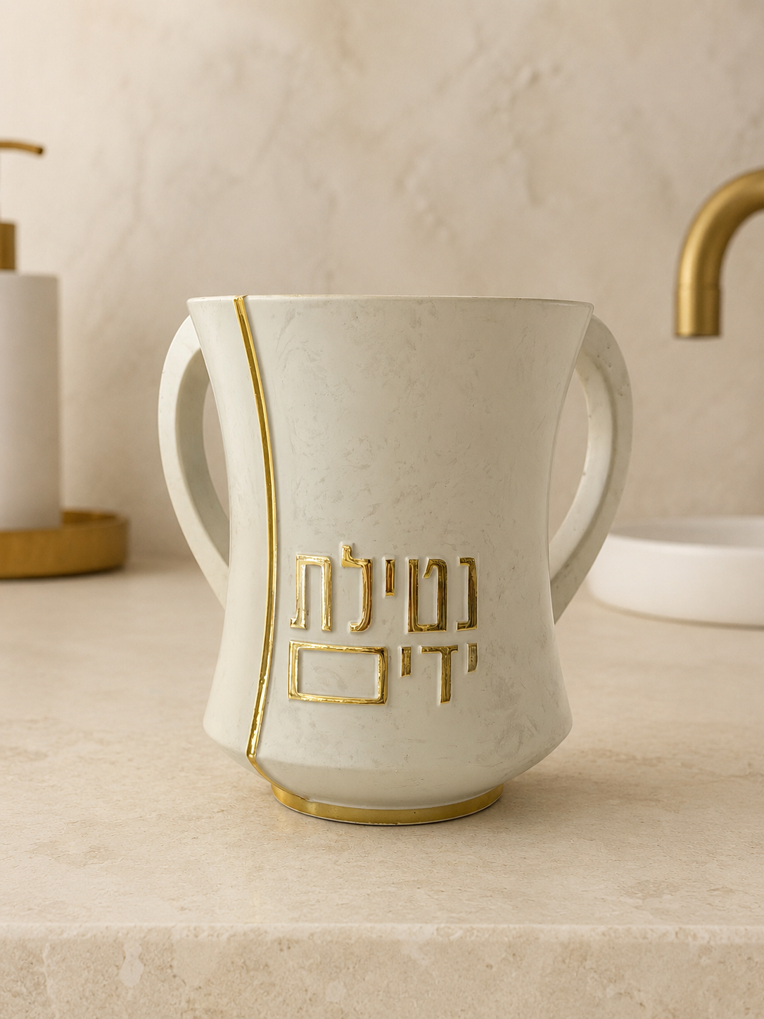 Ivory and gold polyresin Netilat Yadayim wash cup with modern curved design