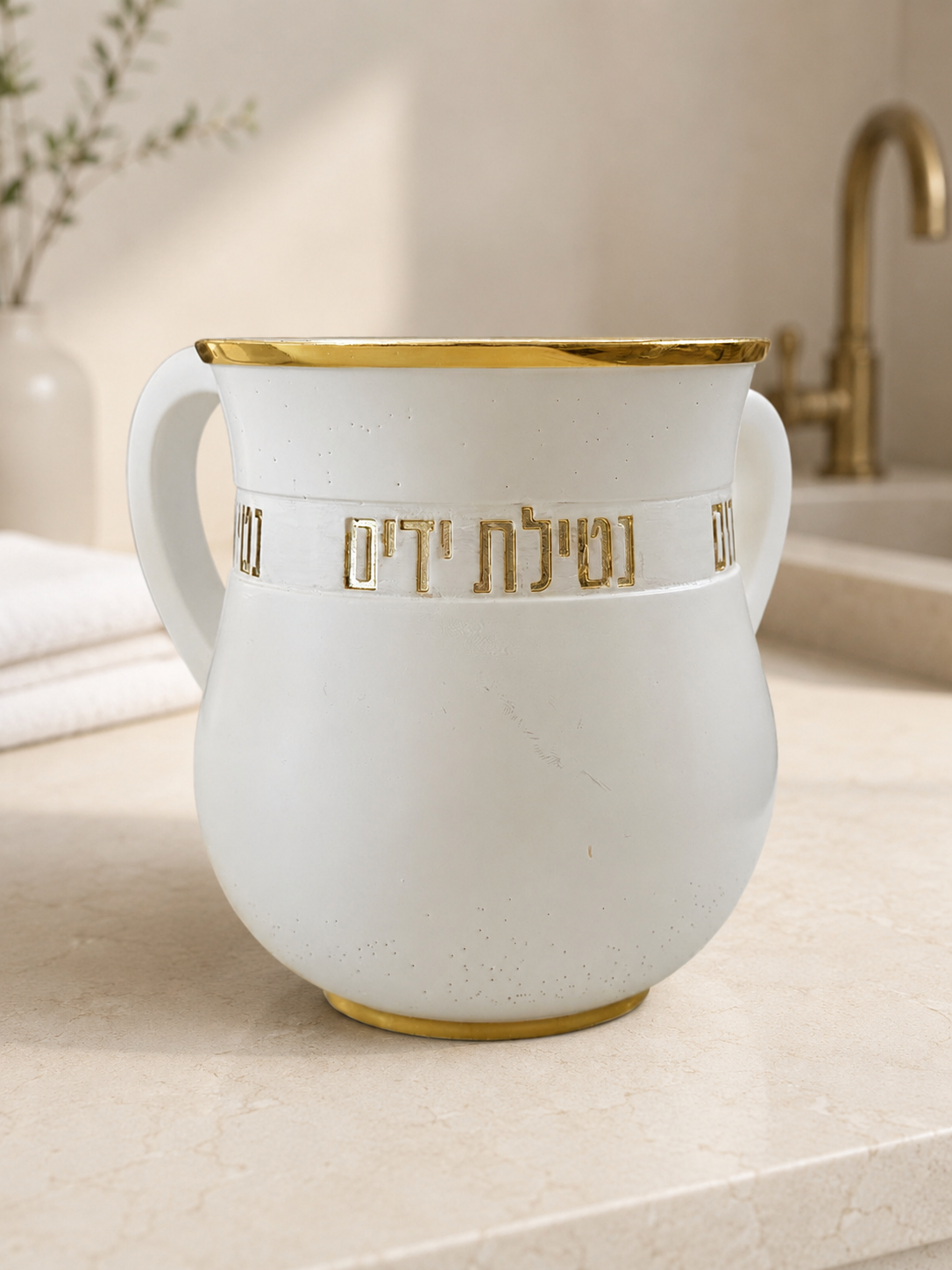 White polyresin Netilat Yadayim wash cup with gold rim and Hebrew lettering