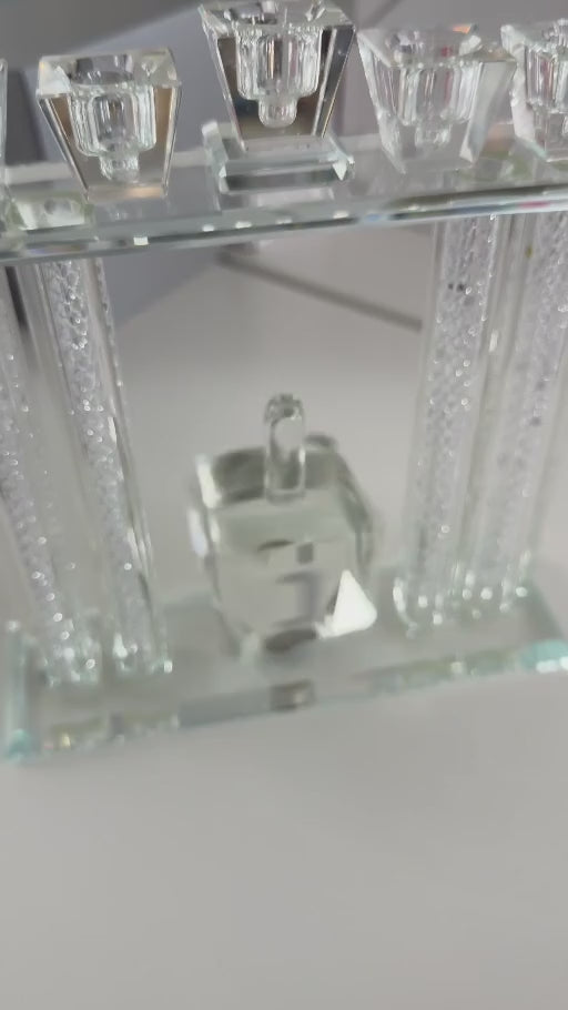 Silver Crystal Tal Menorah with its central crystal dreidel spinning