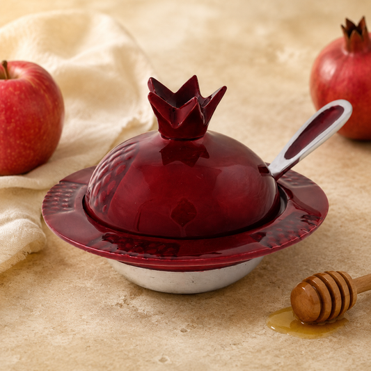 Red pomegranate honey dish with spoon staged with apples and honey for Rosh Hashanah