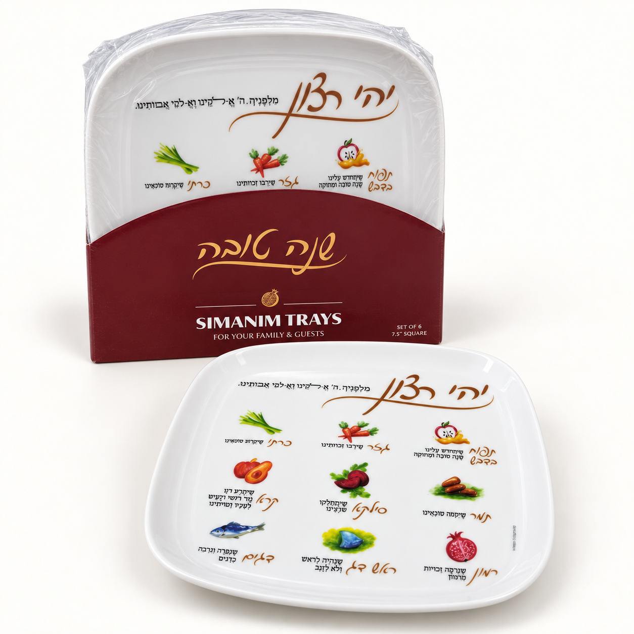 Set of six reusable white plastic Simanim plates with Hebrew blessings and burgundy package