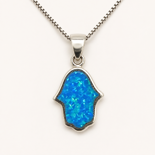 Women's rounded blue opal Hamsa sterling silver necklace