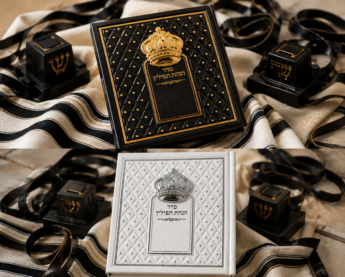 Siddur Hanachas Tefillin black gold and white silver staged with tefillin
