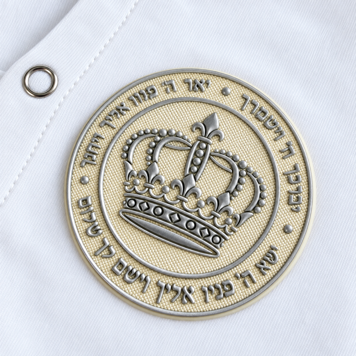 Close-up of the ivory silicone patch with raised silver crown and Hebrew Birkat Kohanim blessing