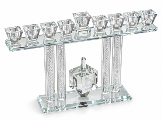 Silver Crystal Tal Menorah with nine crystal holders, clean angled view on white