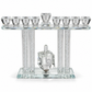Silver Crystal Tal Menorah with spinning dreidel, clean front view on white