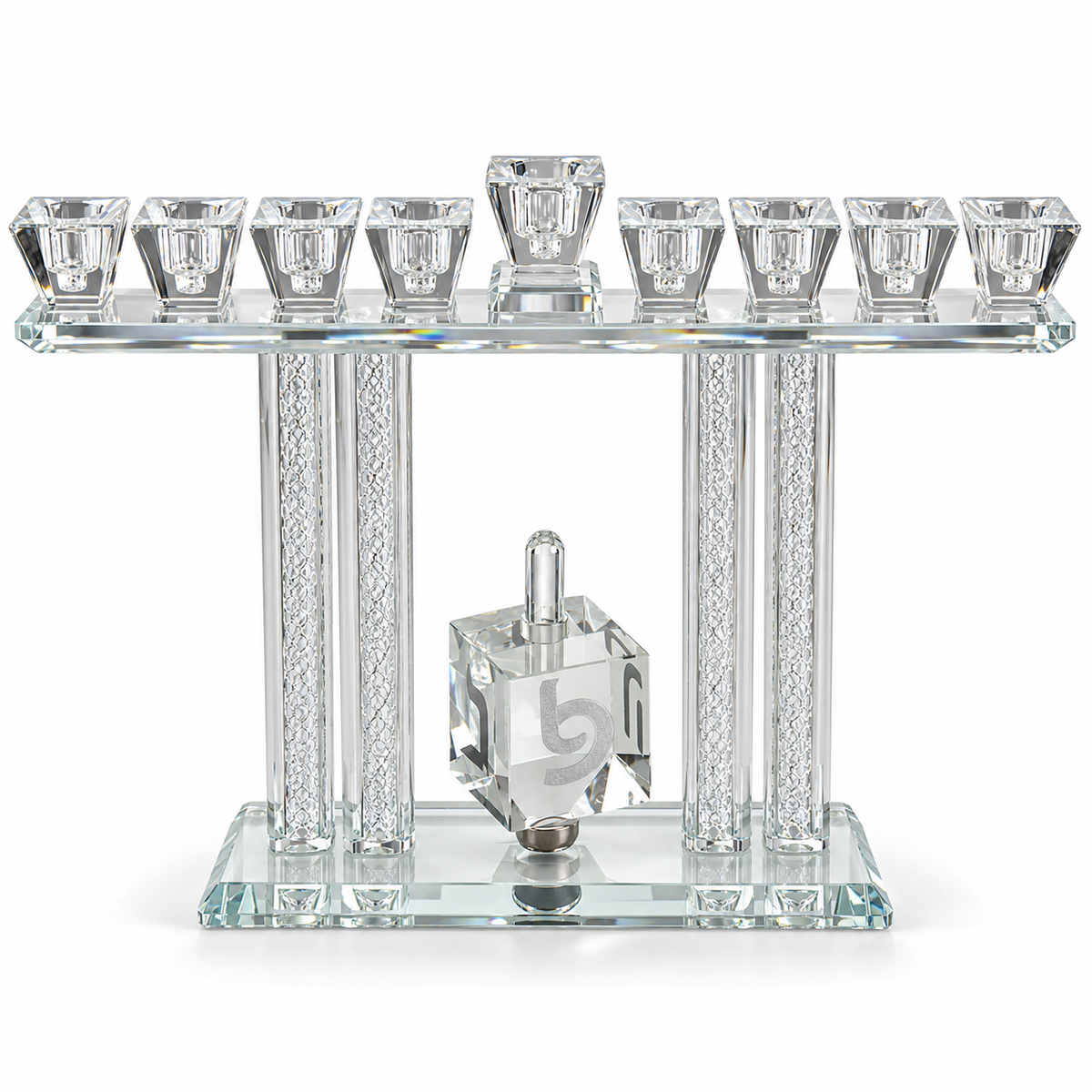 Silver Crystal Tal Menorah with spinning dreidel, clean front view on white