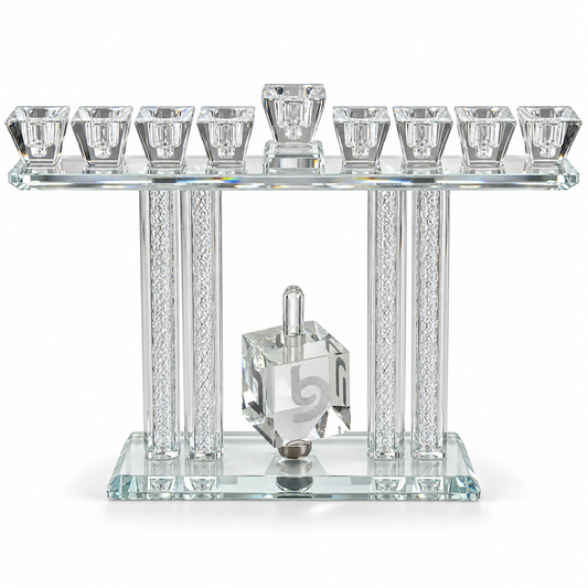 Silver Crystal Tal Menorah with spinning dreidel, clean front view on white
