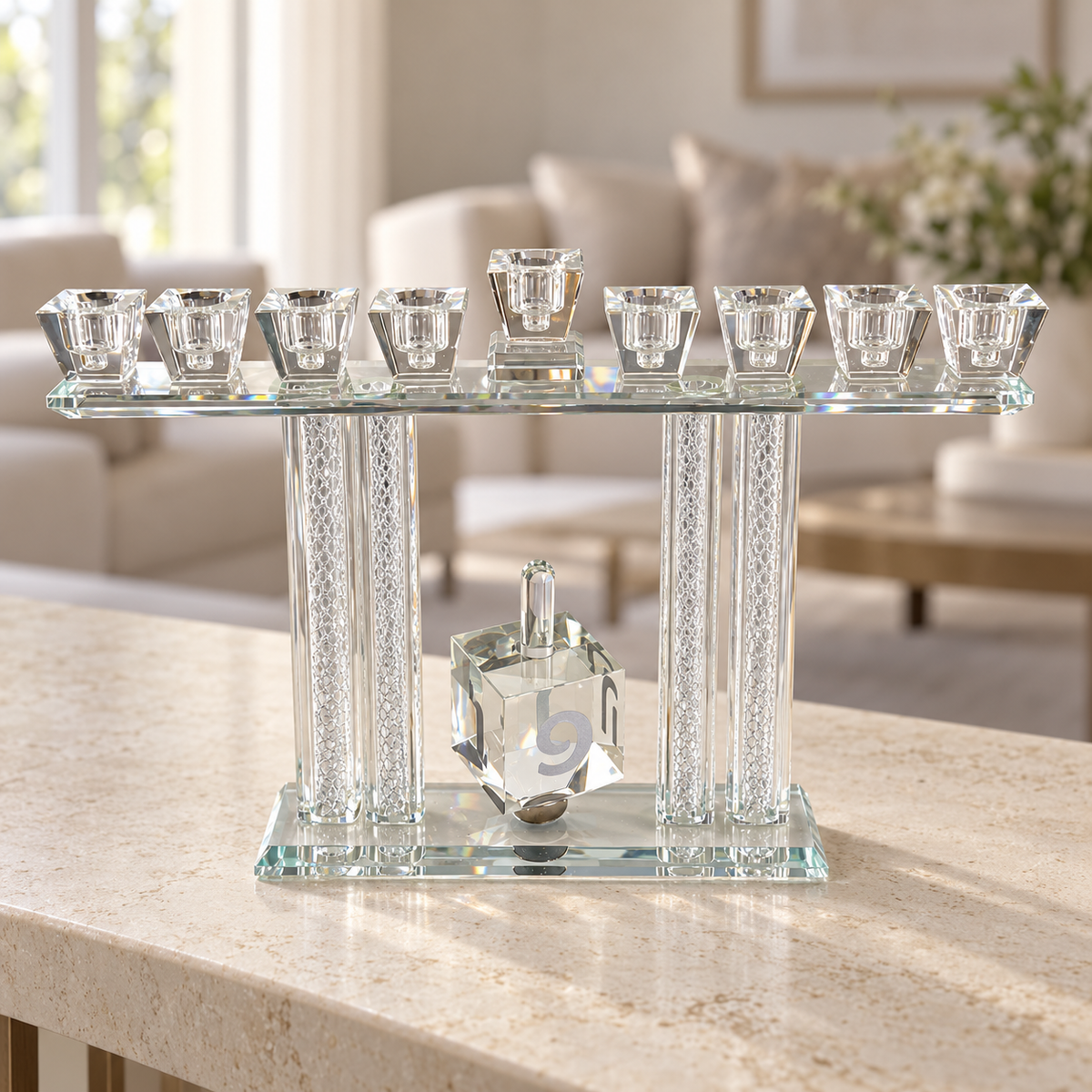 Silver Crystal Tal Menorah with spinning dreidel on a stone console in a bright modern home