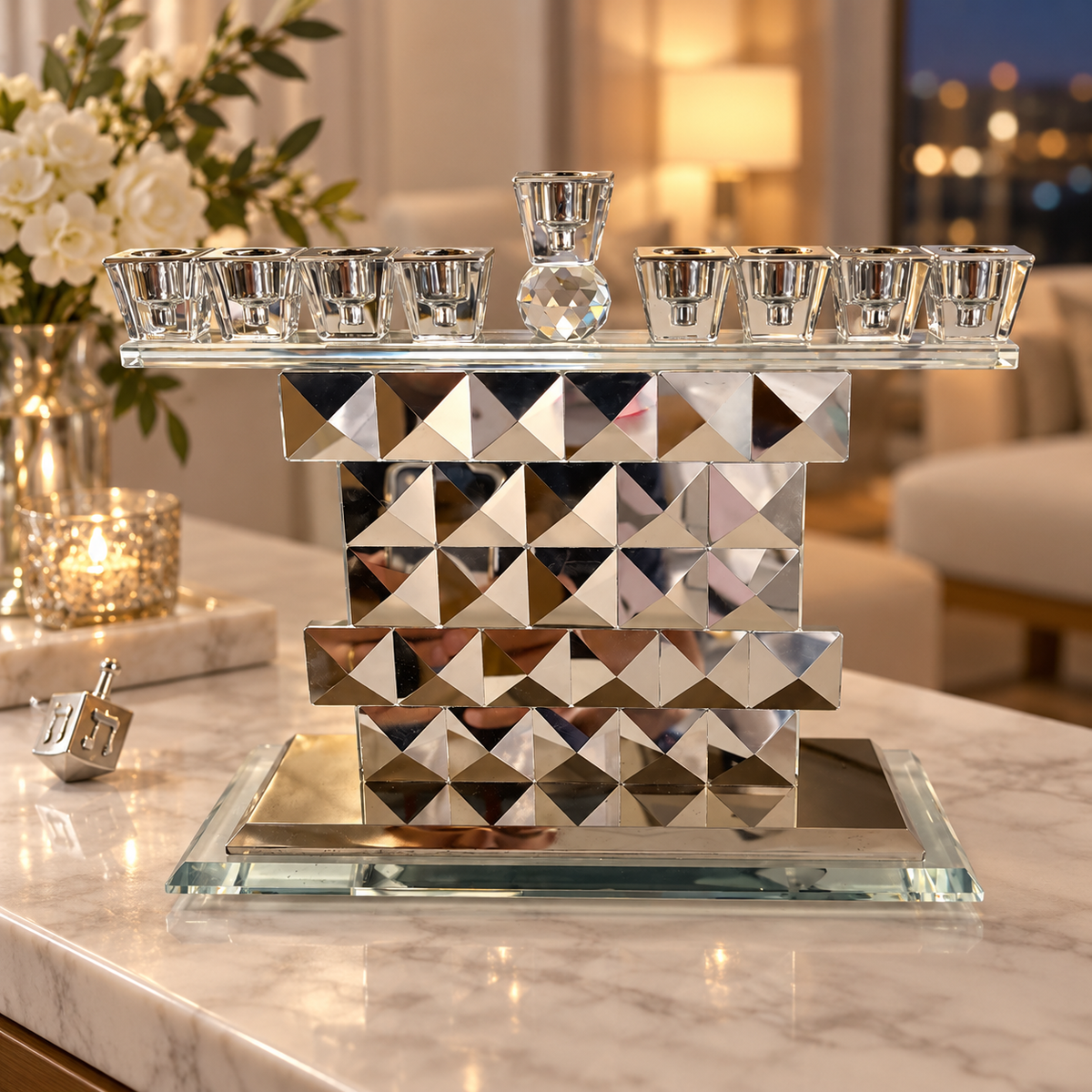 Silver geometric crystal Hanukkah menorah displayed on a marble console in an elegant home