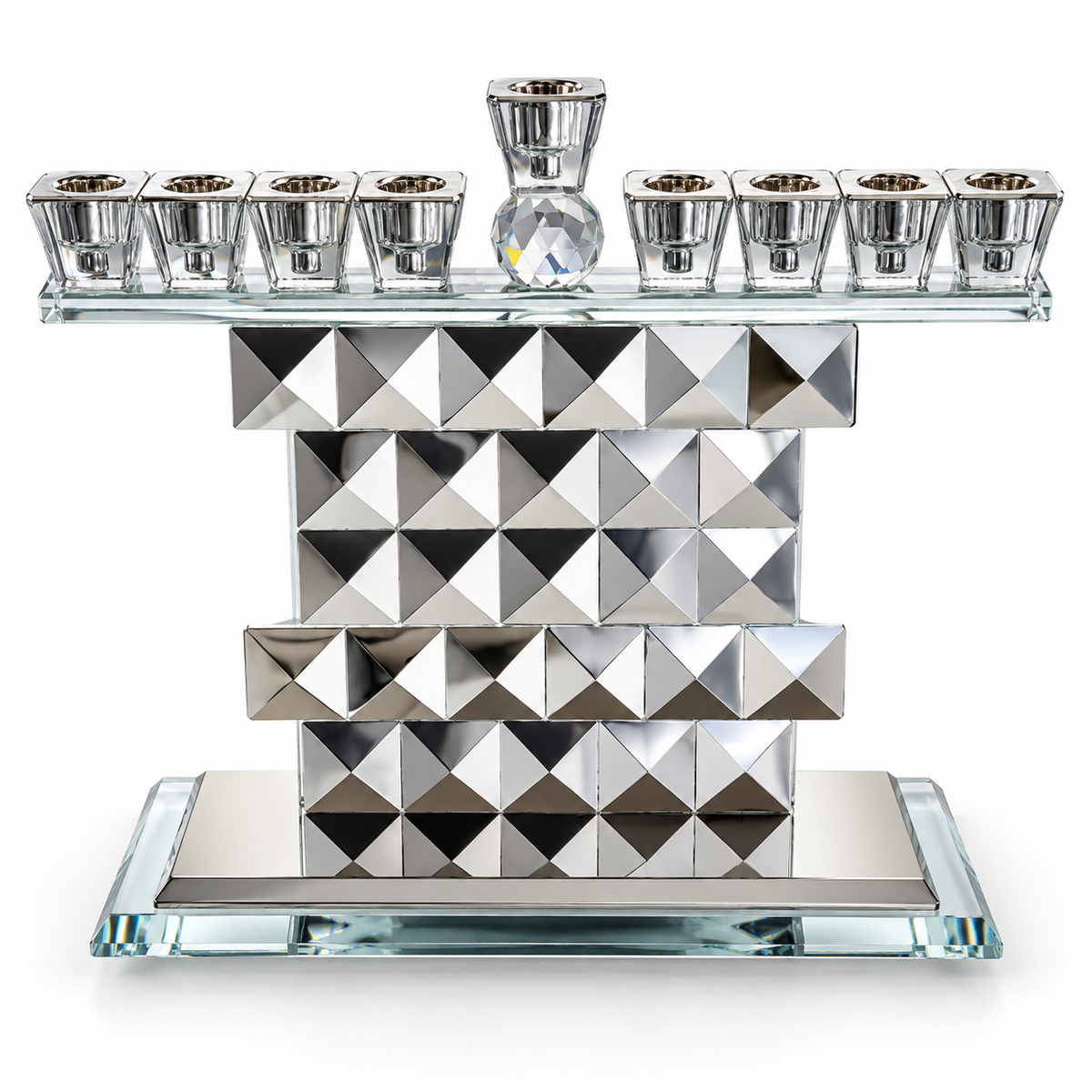 Silver geometric crystal Hanukkah menorah with mirrored pyramid facets and raised central shamash on a white background