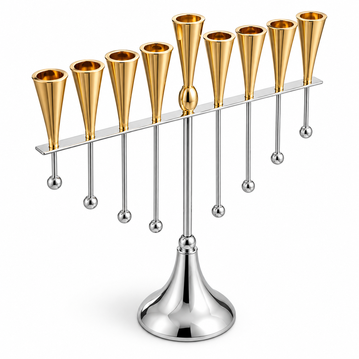Two-tone menorah with nine gold oil-cup holders, a gold shamash accent, silver crossbar, silver hanging rods and balls, and a silver pedestal, angled view