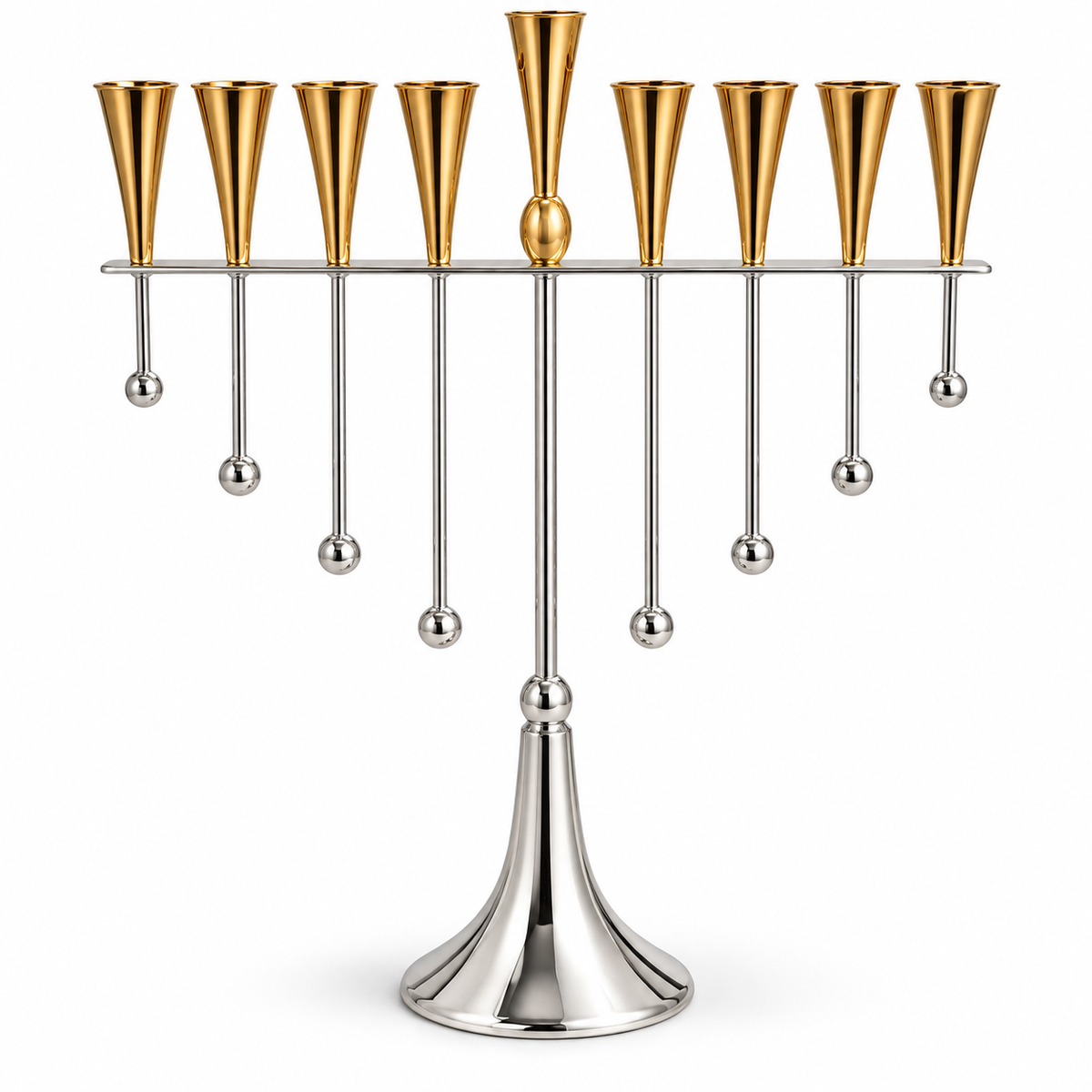 Silver and gold oil-cup menorah with gold tapered holders and a gold center accent, silver frame, hanging ball details and pedestal, front view