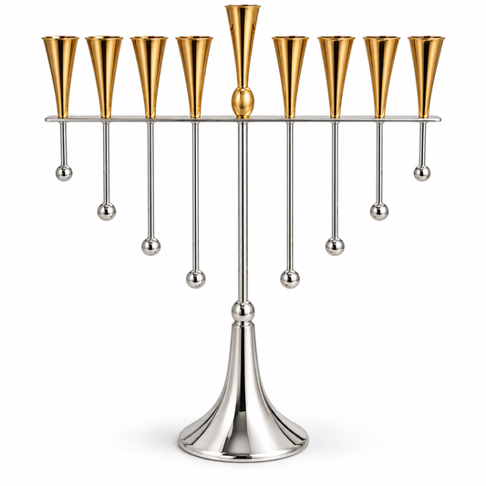 Silver and gold oil-cup menorah with gold tapered holders and a gold center accent, silver frame, hanging ball details and pedestal, front view