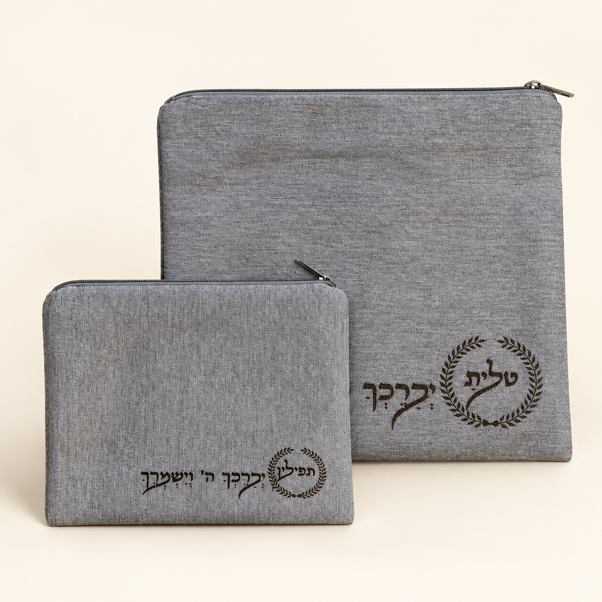 Silver gray poly velvet tallit and tefillin bag set with laser engraved laurel wreath design