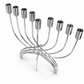 Silver stainless steel Hanukkah menorah showing nine open oil-cup holders, angled view on a clean white background