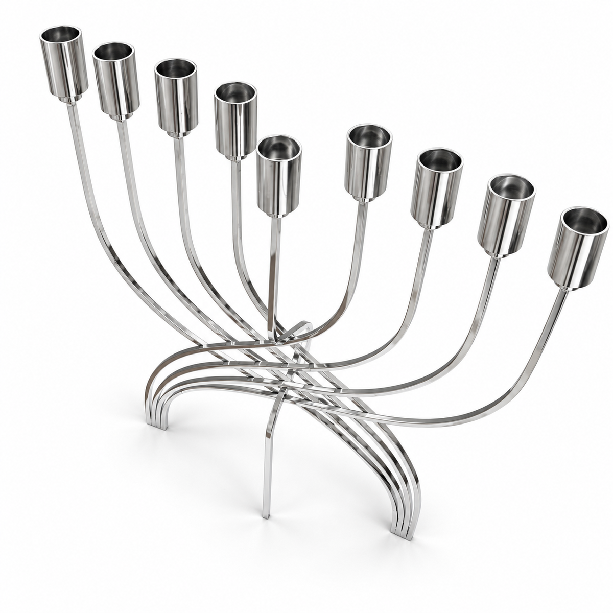 Silver stainless steel Hanukkah menorah showing nine open oil-cup holders, angled view on a clean white background