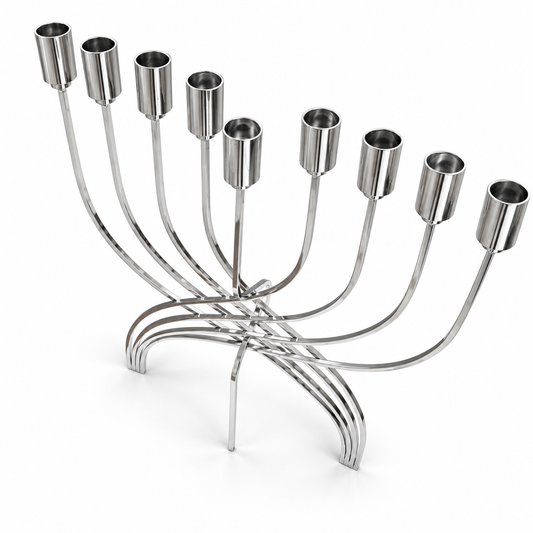 Silver stainless steel Hanukkah menorah showing nine open oil-cup holders, angled view on a clean white background