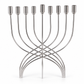 Silver stainless steel Hanukkah menorah for oil cups, front view on a clean white background