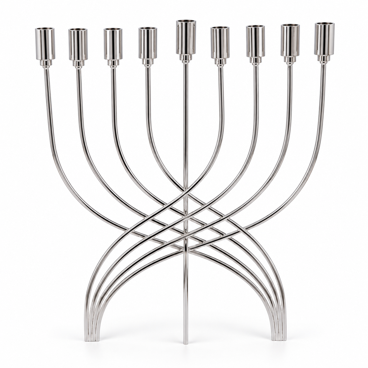 Silver stainless steel Hanukkah menorah for oil cups, front view on a clean white background