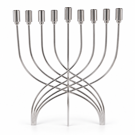 Silver stainless steel Hanukkah menorah for oil cups, front view on a clean white background