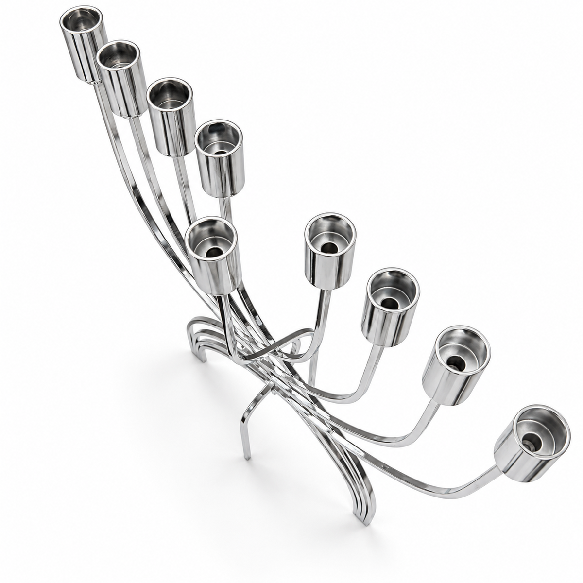 Silver stainless steel Hanukkah menorah for oil cups, overhead view on a clean white background