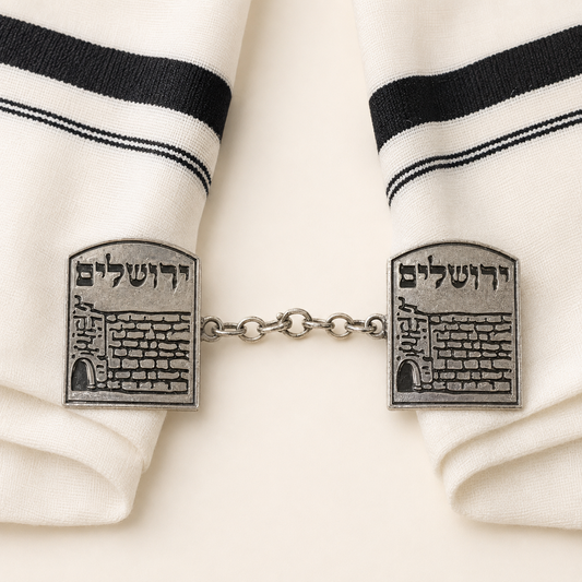 Silver-tone Jerusalem tallit clips connected by a chain