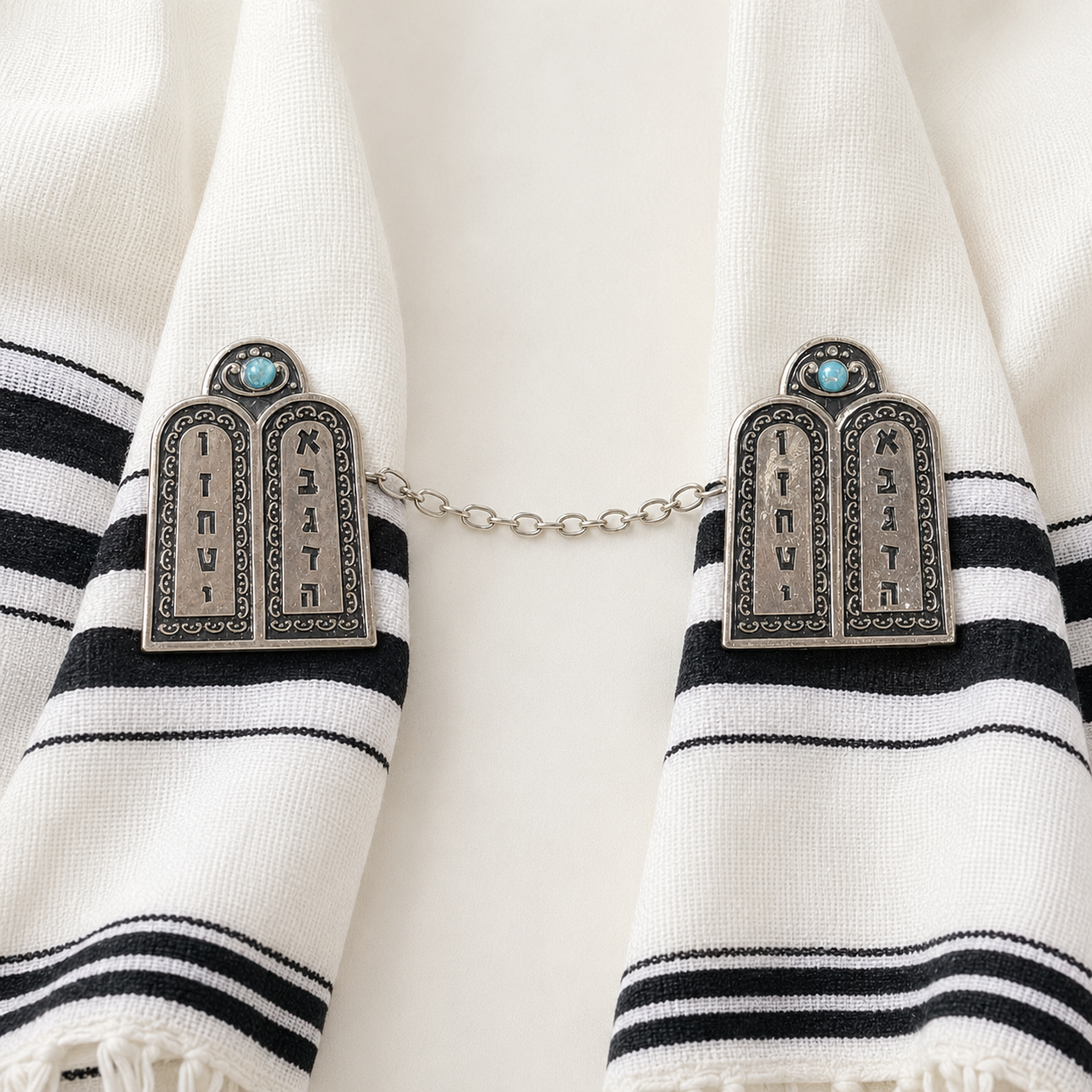 Silver-tone Ten Commandments tallit clips with turquoise accents